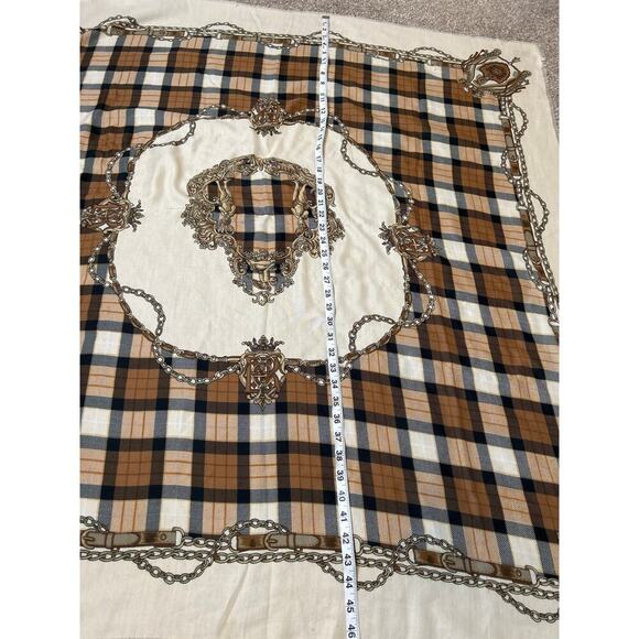 Women's large blanket scarf raw hem beige/tan/brown chain detail scrolling - Picture 5 of 8